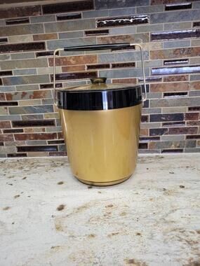 Vintage West Bend Thermo Serv Ice Bucket MCM Gold Black Atomic Retro Barware